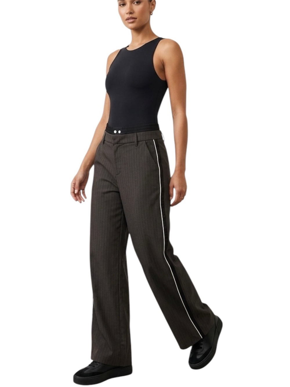 Zara Brown Pinstripe Wide Leg Pants With Double Elastic Waistband Size Medium